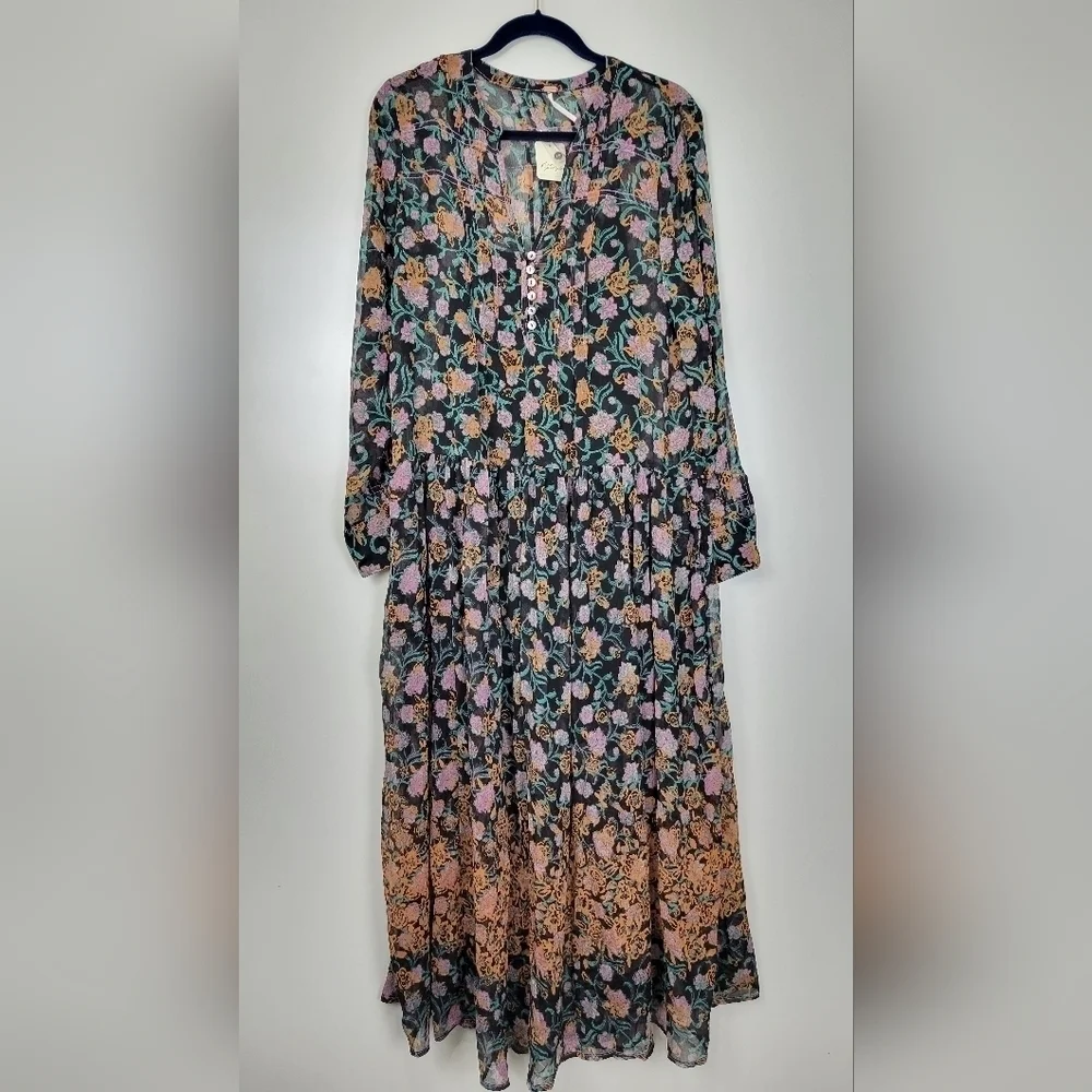 NWT Free People See It Through Floral Pleated Boho Maxi Dress Size Small - Picture 4 of 15